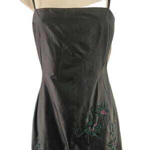 90s French Connection Black Silk Sheath Sz 4 Spaghetti Strap Green Beading NWT